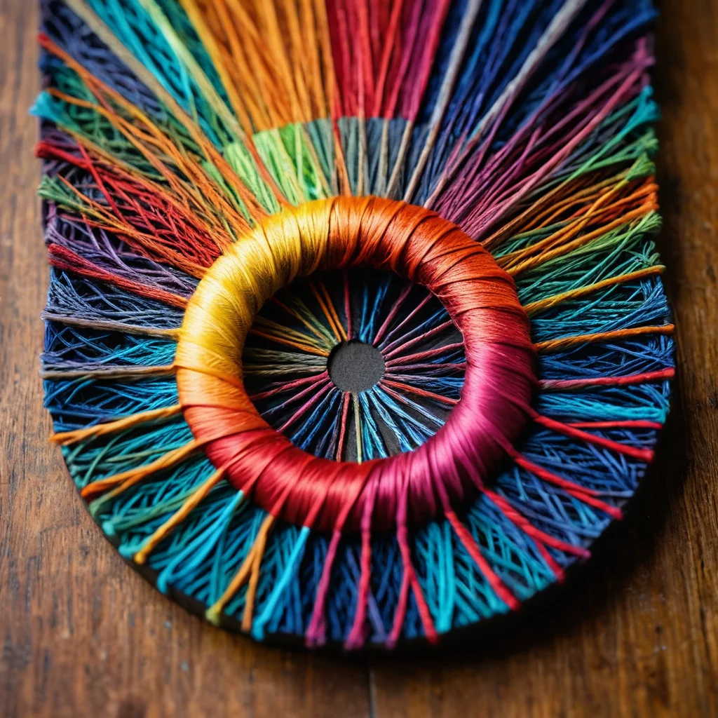 Магия нитей в стринг-арте: крупный план натяжения разноцветных ниток между гвоздями, формирующих сложные узоры и объемные эффекты на деревянной основе.