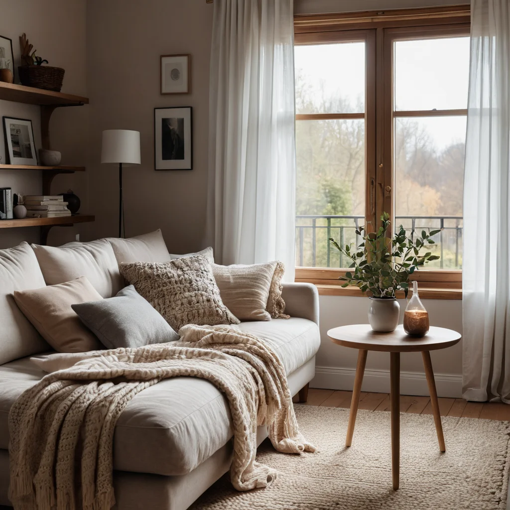 Завершенный образ светлого интерьера, где мебель, текстиль и декор в нейтральной палитре с яркими акцентами создают уютную и гармоничную атмосферу.