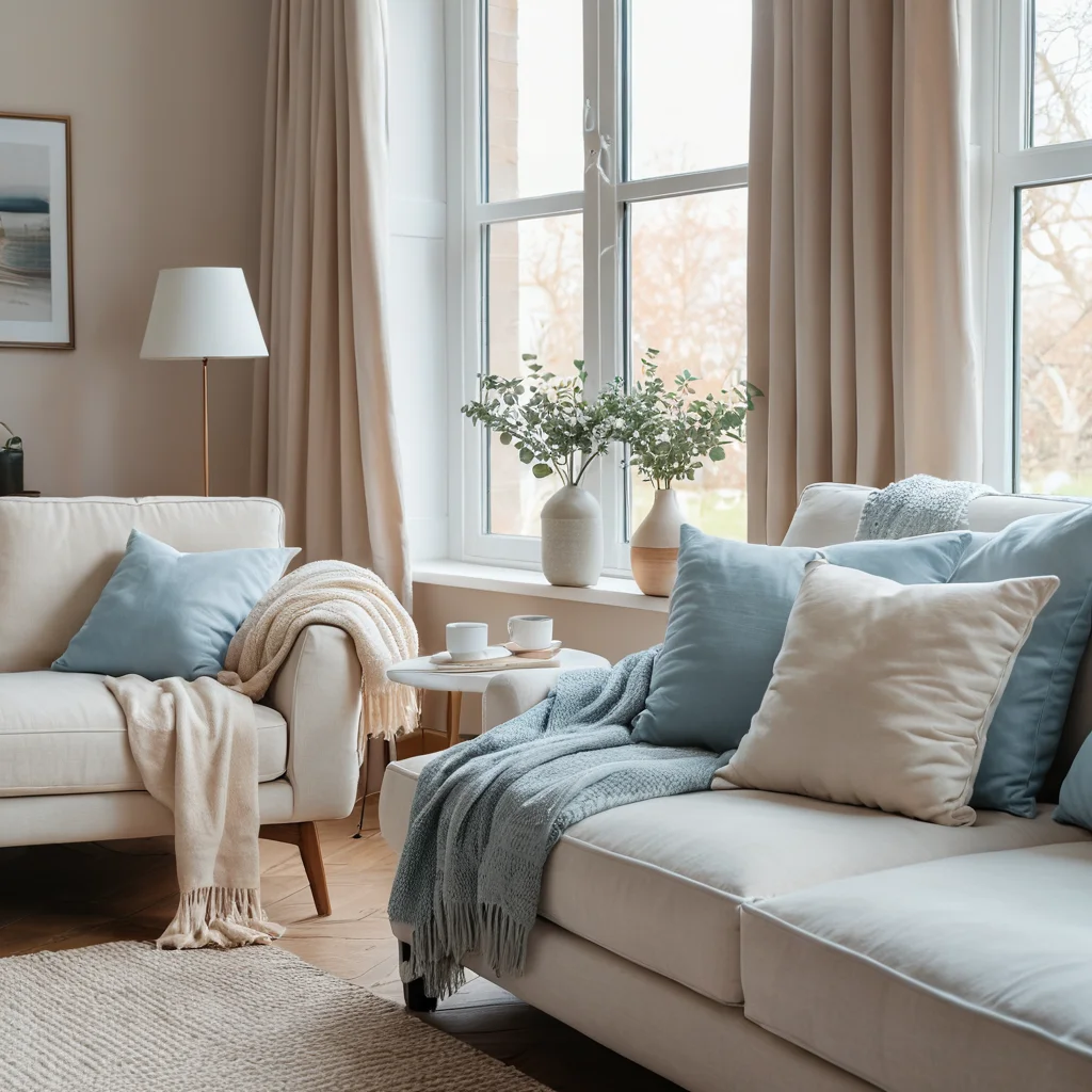 Уютная гостиная или спальня, оформленная в нежной палитре светлых оттенков: мягкий бежевый, бледно-голубой и кремовый белый, залитая естественным светом.