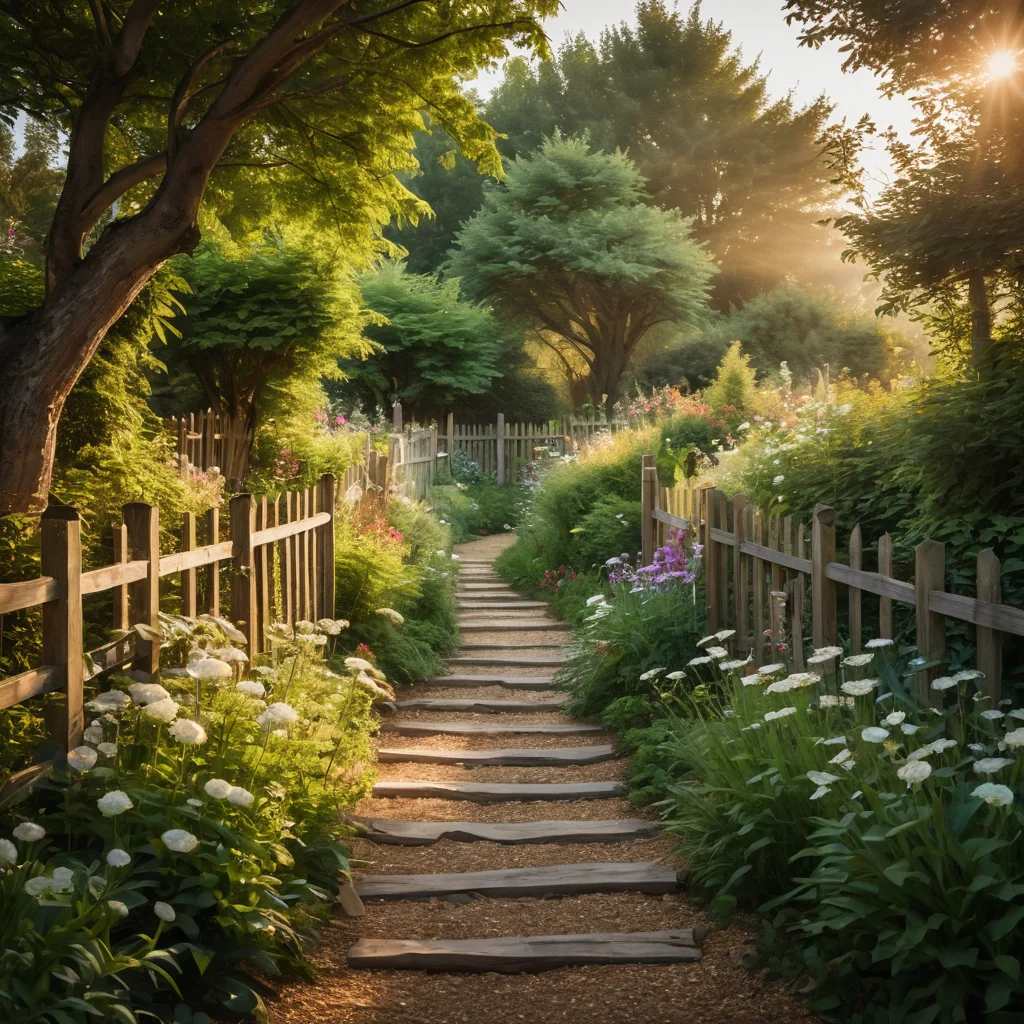 Волшебный сад с тропинкой, освещенной мягким светом от светящегося забора, создающего уютную и таинственную атмосферу в сумерках.