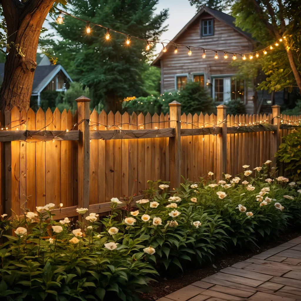 Деревянный забор с теплой подсветкой от гирлянды, создающий уютный вид заднего двора с деревенским шармом.