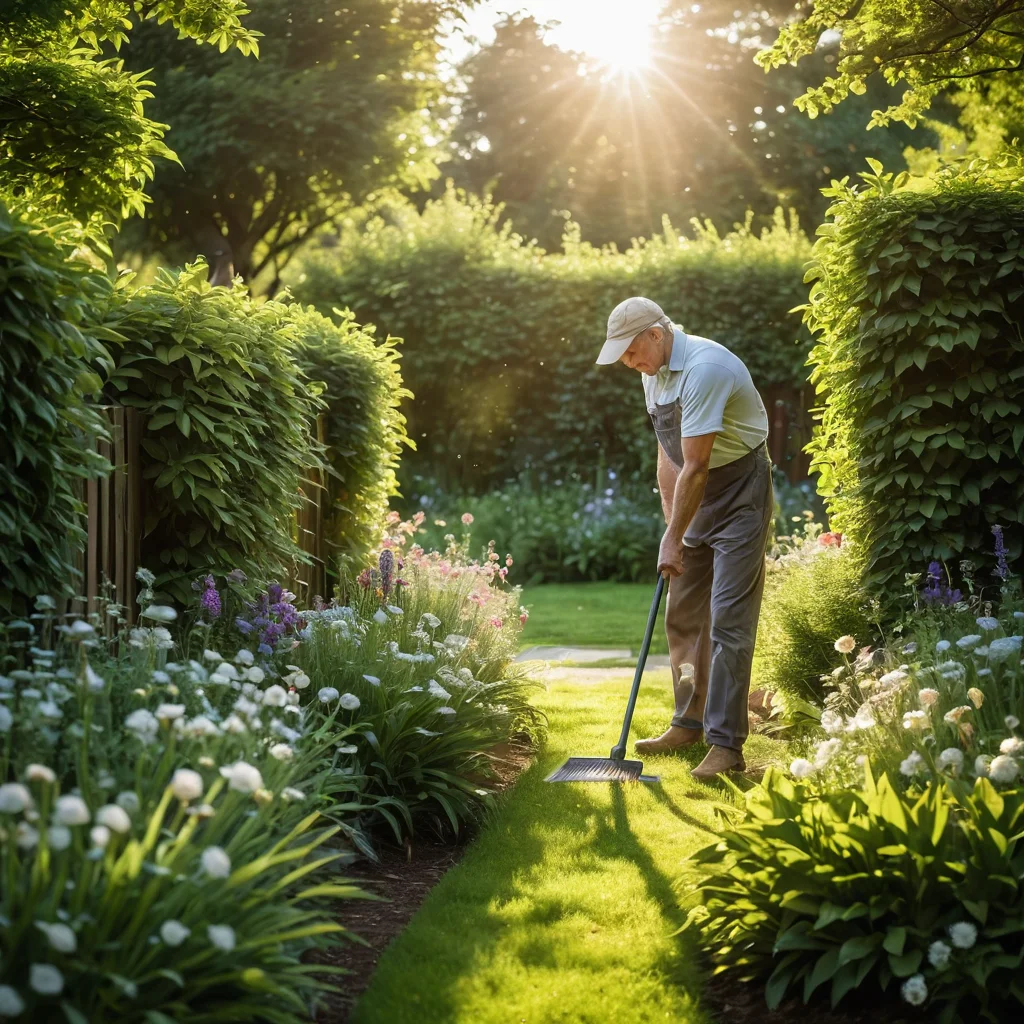 Садовод бережно очищает светильники на заборе с помощью воды и щетки, демонстрируя уход и обслуживание светящегося ограждения.