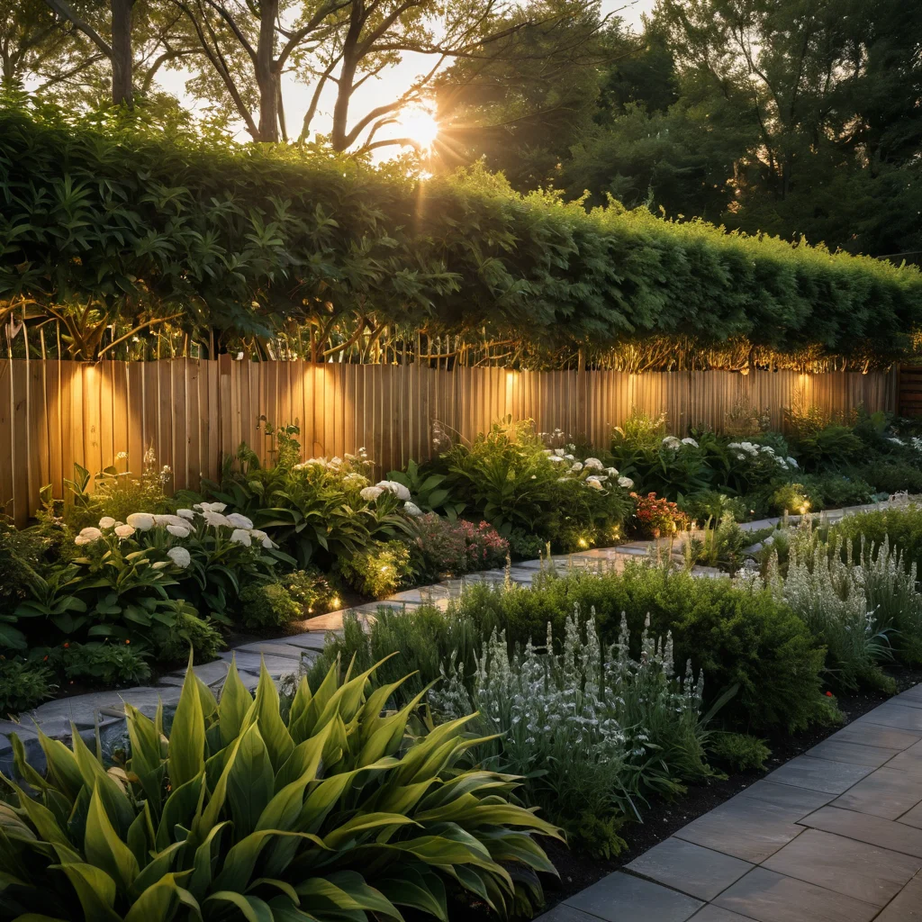 Современный забор с интегрированными светодиодными фонарями, излучающий мягкое сияние в ночном саду, демонстрирующий элегантный дизайн и атмосферное освещение.