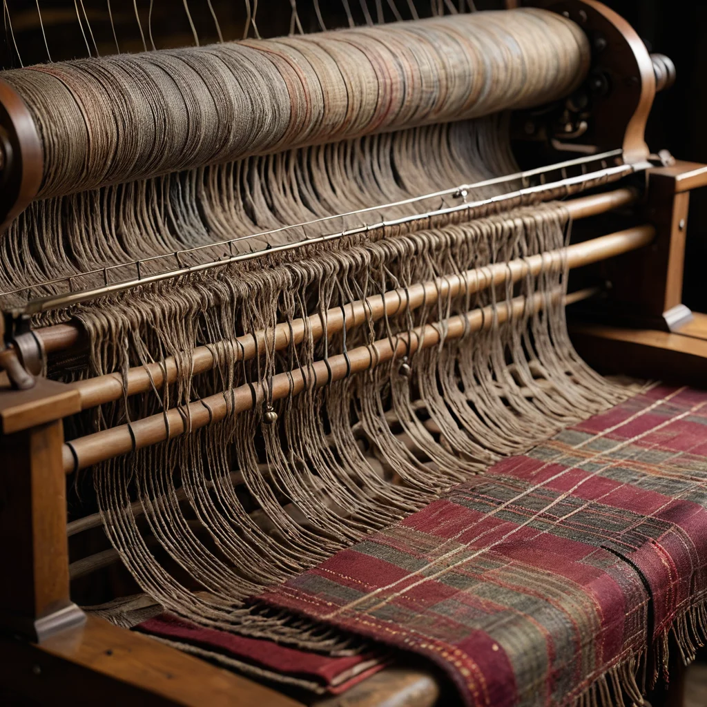 Исторический образец шотландского твида, созданный вручную на античном ткацком станке, демонстрирующий замысловатые узоры и рустикальную атмосферу мастерской.