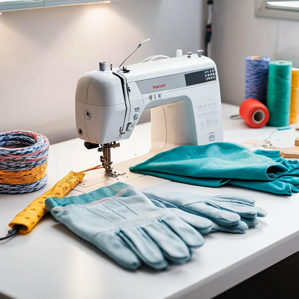 Хорошо освещенное и организованное рабочее пространство для рукоделия, демонстрирующее порядок и меры безопасности, такие как перчатки и защитные очки, с акцентом на сосредоточенного мастера.