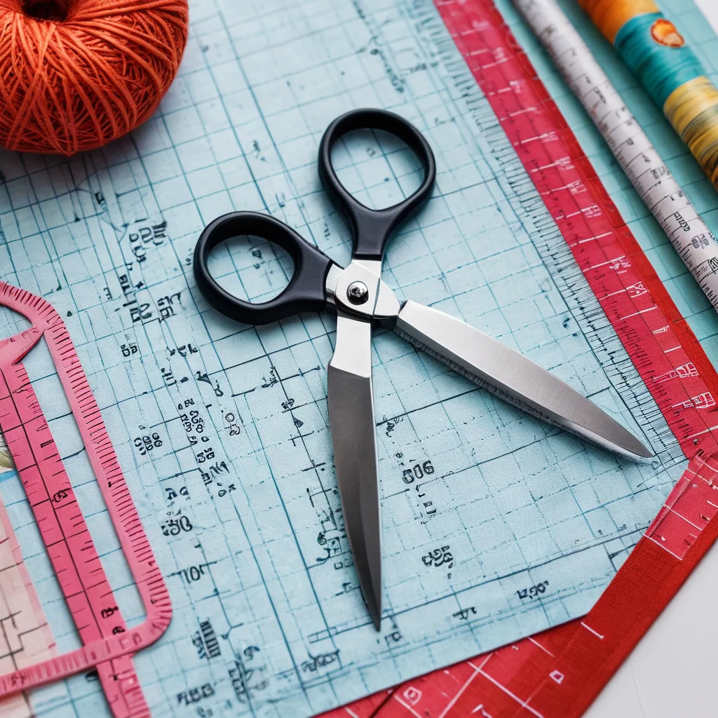 Детальный крупный план стола ремесленника с полным набором инструментов для техники синель: ножницы, канцелярский нож, линейка, мат для резки, маркер, игольница и разнообразные ткани.