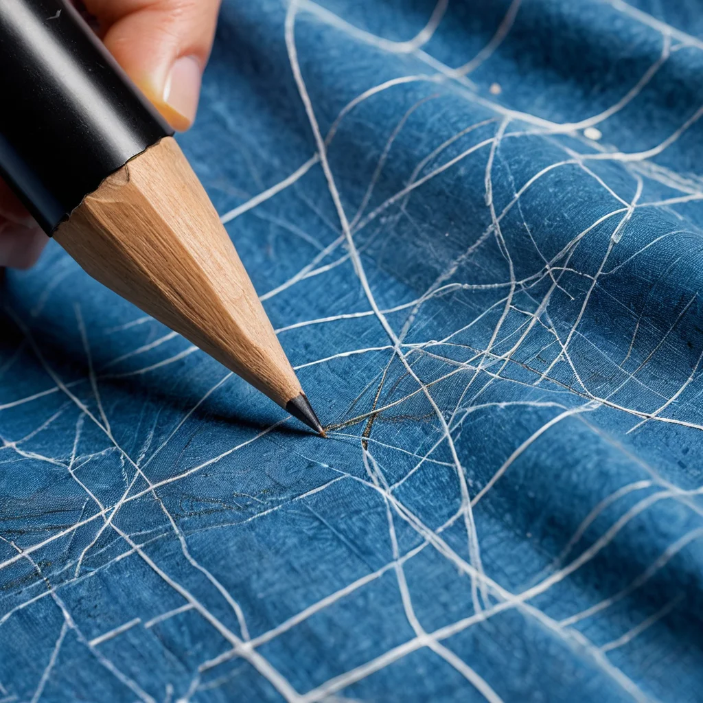 Рука мастера, аккуратно наносящая рисунок на ткань с помощью карандаша или специального маркера, демонстрирующая подготовку основы для создания синели.