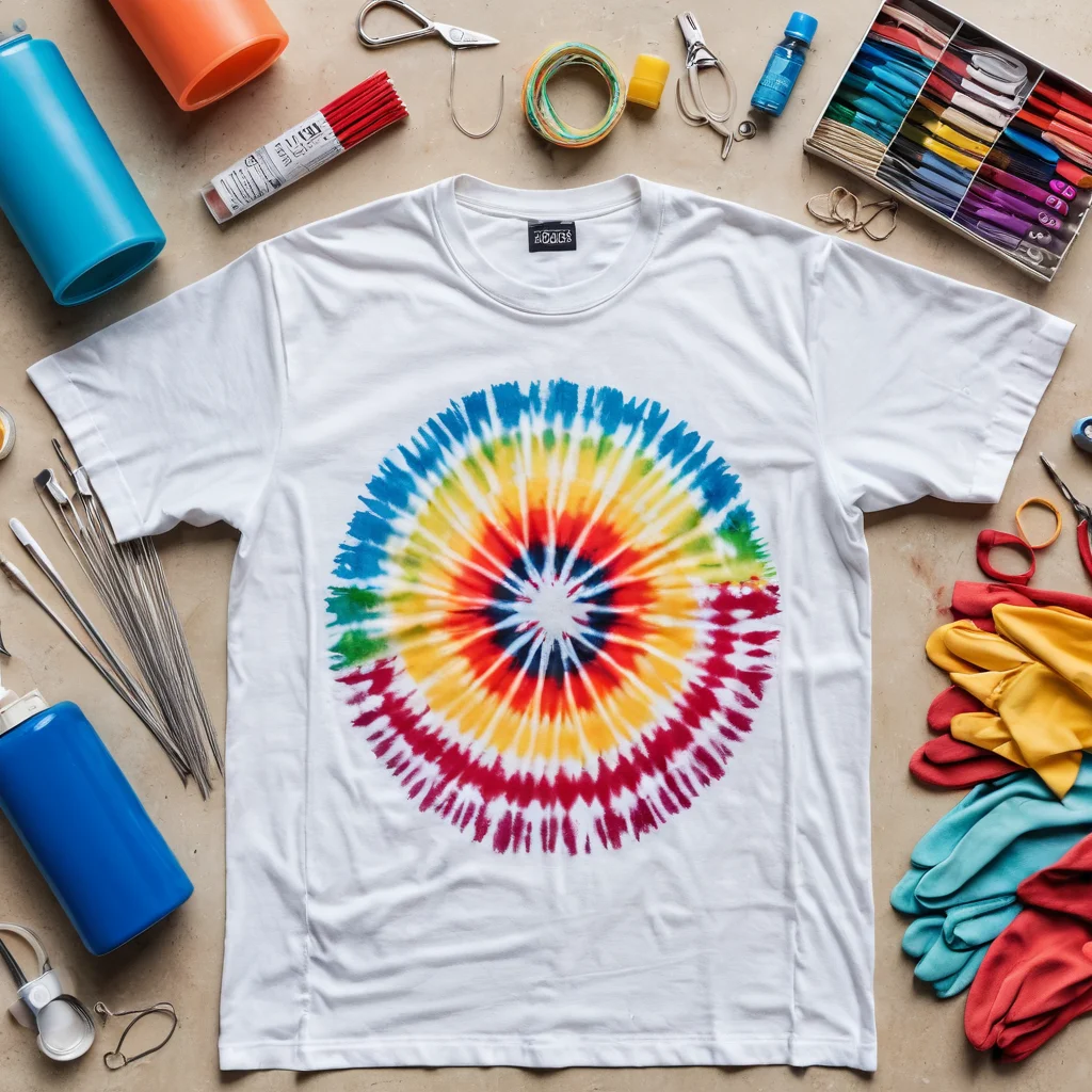 Аккуратно разложенные материалы и инструменты для тай-дай: бутылочки с яркими красителями, белая хлопковая футболка, холщовый шоппер, резиновые перчатки, резинки, пластиковые бутылки для красителя, сода кальцинированная, представляющие полный список необходимых средств для качественного тай-дай.