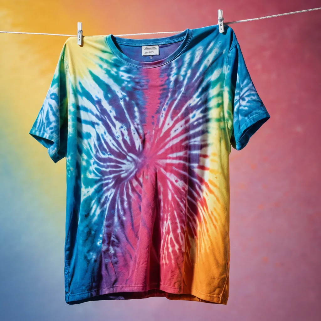 Яркая футболка тай-дай, которую промывают под проточной водой, а затем сушат на бельевой веревке на солнце, демонстрируя правильные методы промывки, закрепления цвета и сушки готового изделия для долговечности и яркости.