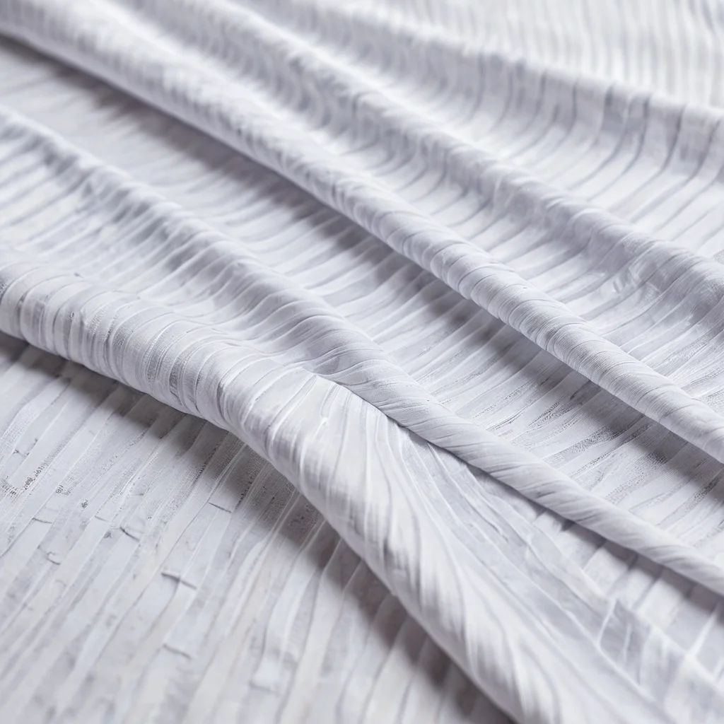 Крупный план белой хлопковой ткани (футболки или шоппера), профессионально сложенной и закрепленной резинками, демонстрирующий различные техники создания узоров тай-дай: спираль, комканье и полосы, перед нанесением красителей.