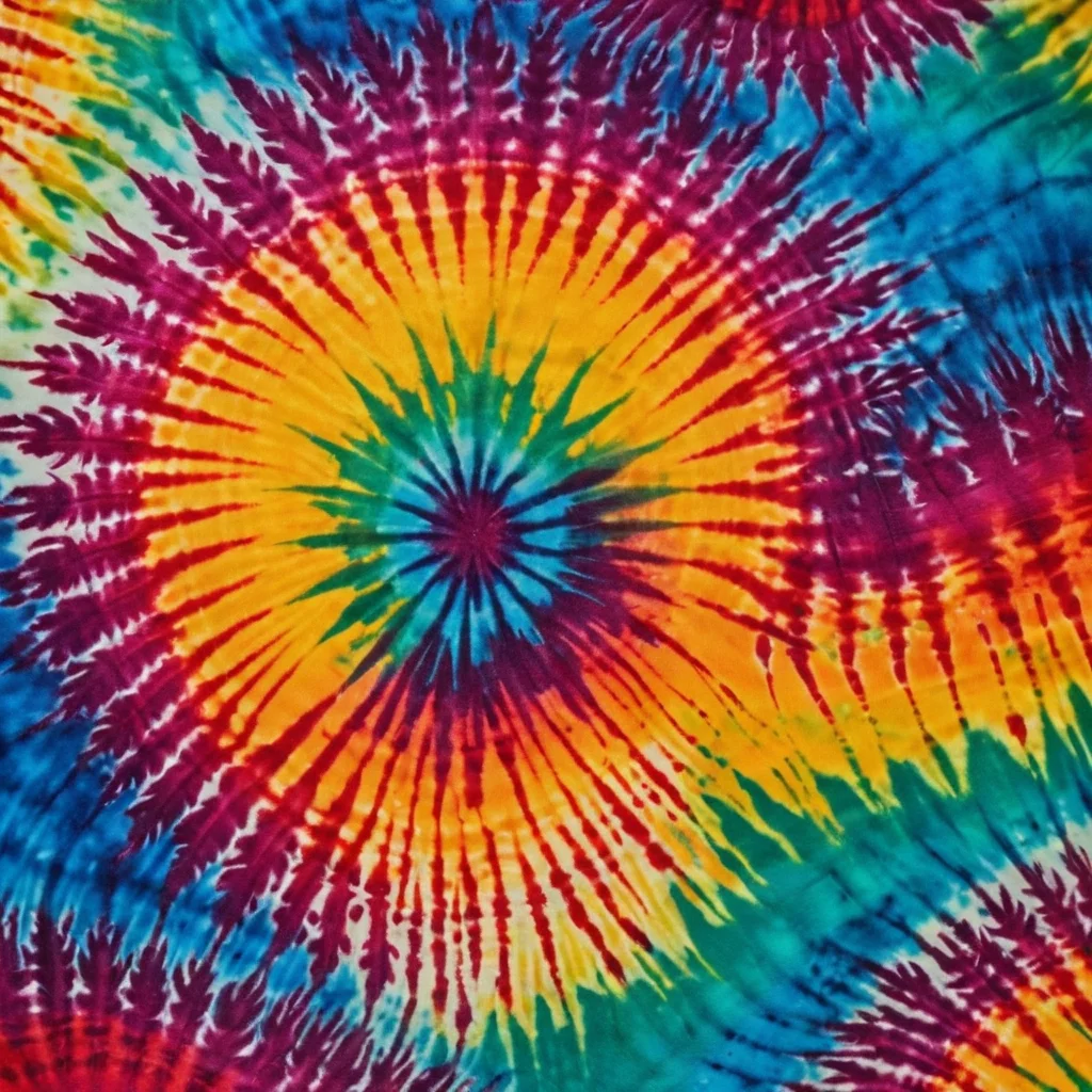 Яркие, многослойные узоры тай-дай на тканях, расположенные на фоне этно-орнаментов, символизирующие историю и философию техники тай-дай и её основные принципы для начинающих мастеров.