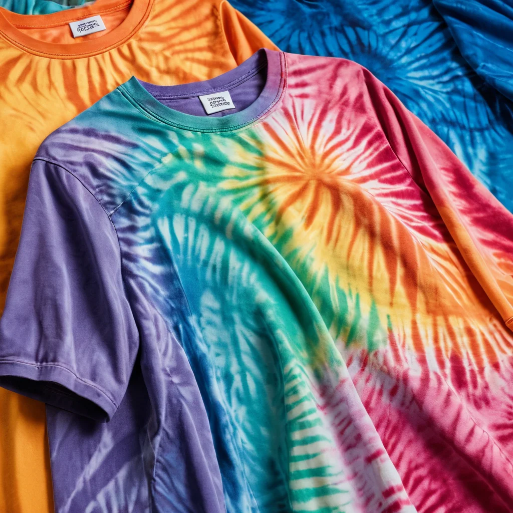 Коллекция ярко окрашенных изделий тай-дай (футболки, шопперы) с разнообразными узорами, аккуратно разложенных, иллюстрирующая правильный уход за изделиями тай-дай и вдохновляющая на дальнейшее творчество и развитие навыков.