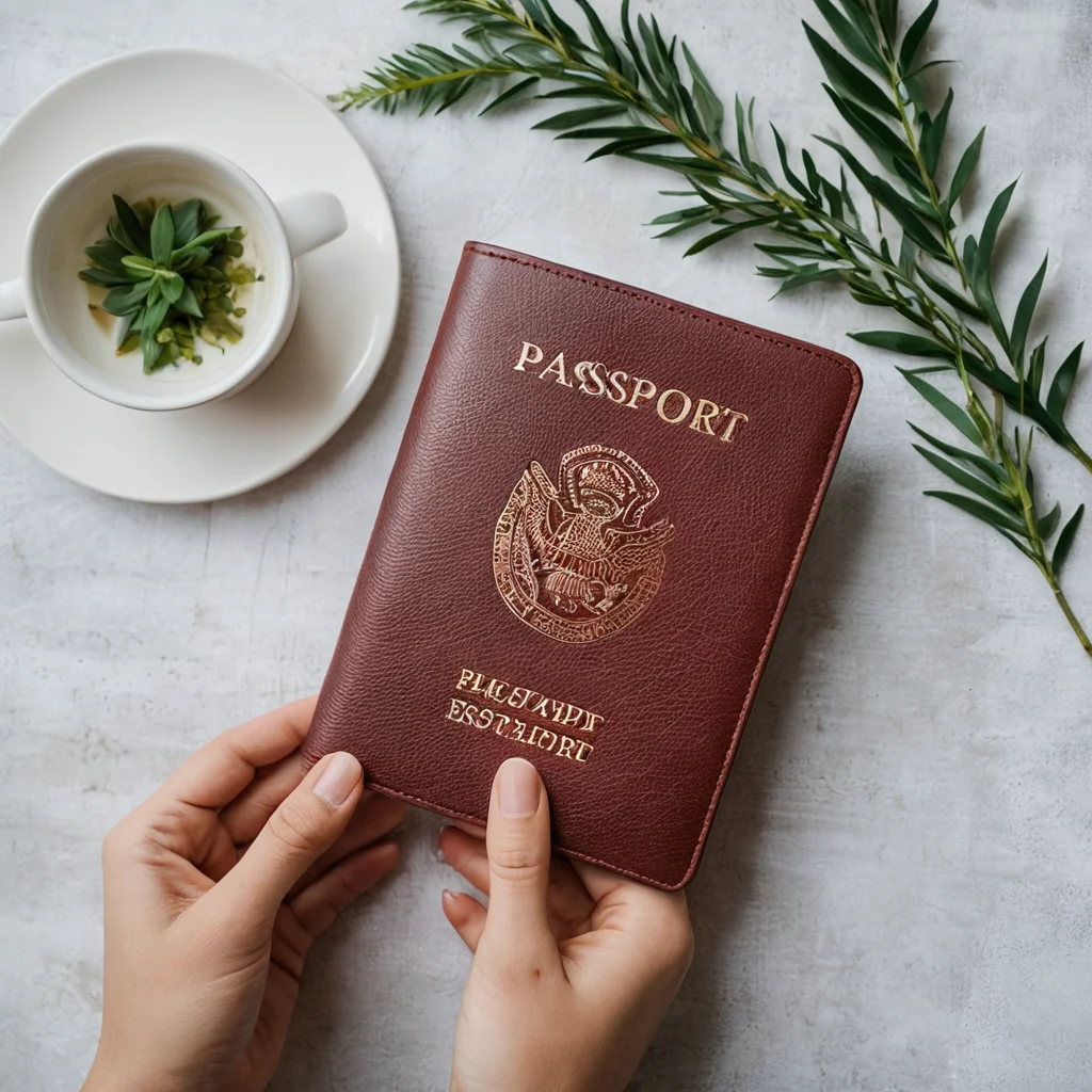 Стильная текстильная обложка для паспорта, представленная как модный аксессуар и личный талисман, готовый к путешествиям, подчеркивающая ее роль больше, чем просто документа.