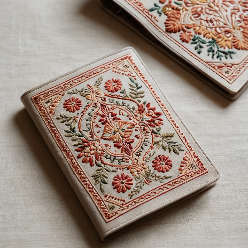 Изображение текстильной обложки для паспорта с крупным планом вышитых орнаментов и символов, демонстрирующее историю и культурное значение в каждой нити.