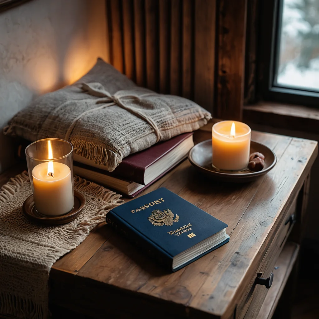 Крупный план, показывающий паспорт с самодельной текстильной обложкой, подчеркивающий атмосферу уюта и рассказывающий историю через детали.