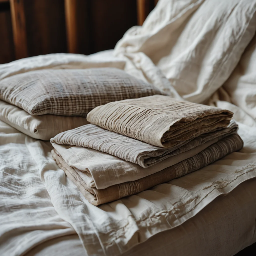 Фотография крупным планом, демонстрирующая выбор натуральных тканей, таких как лен и хлопок, для пошива обложки для паспорта, с акцентом на их текстуру.