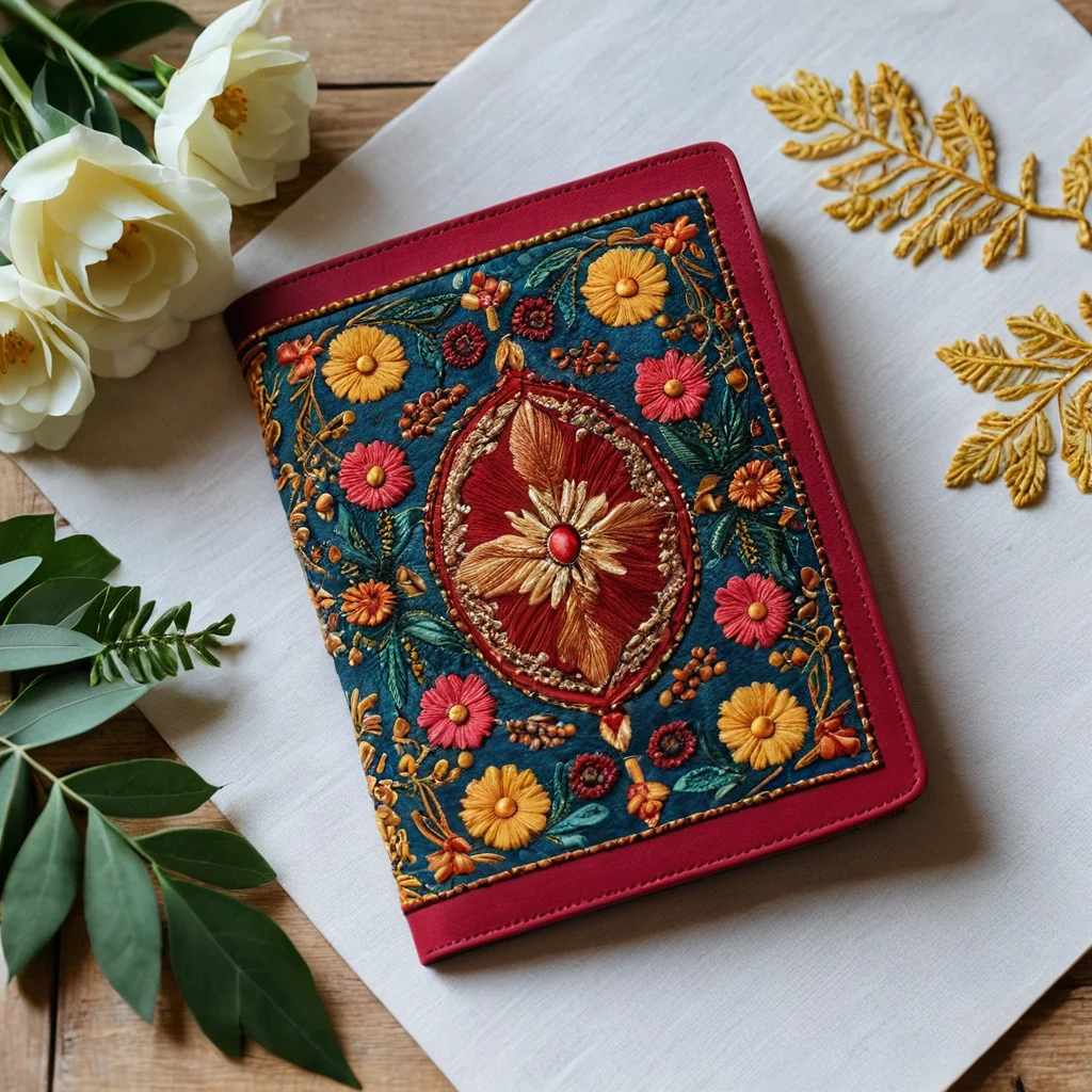 Крупный план уникальной текстильной обложки для паспорта, украшенной вышивкой, аппликацией и бисером, демонстрирующий различные техники декорирования.
