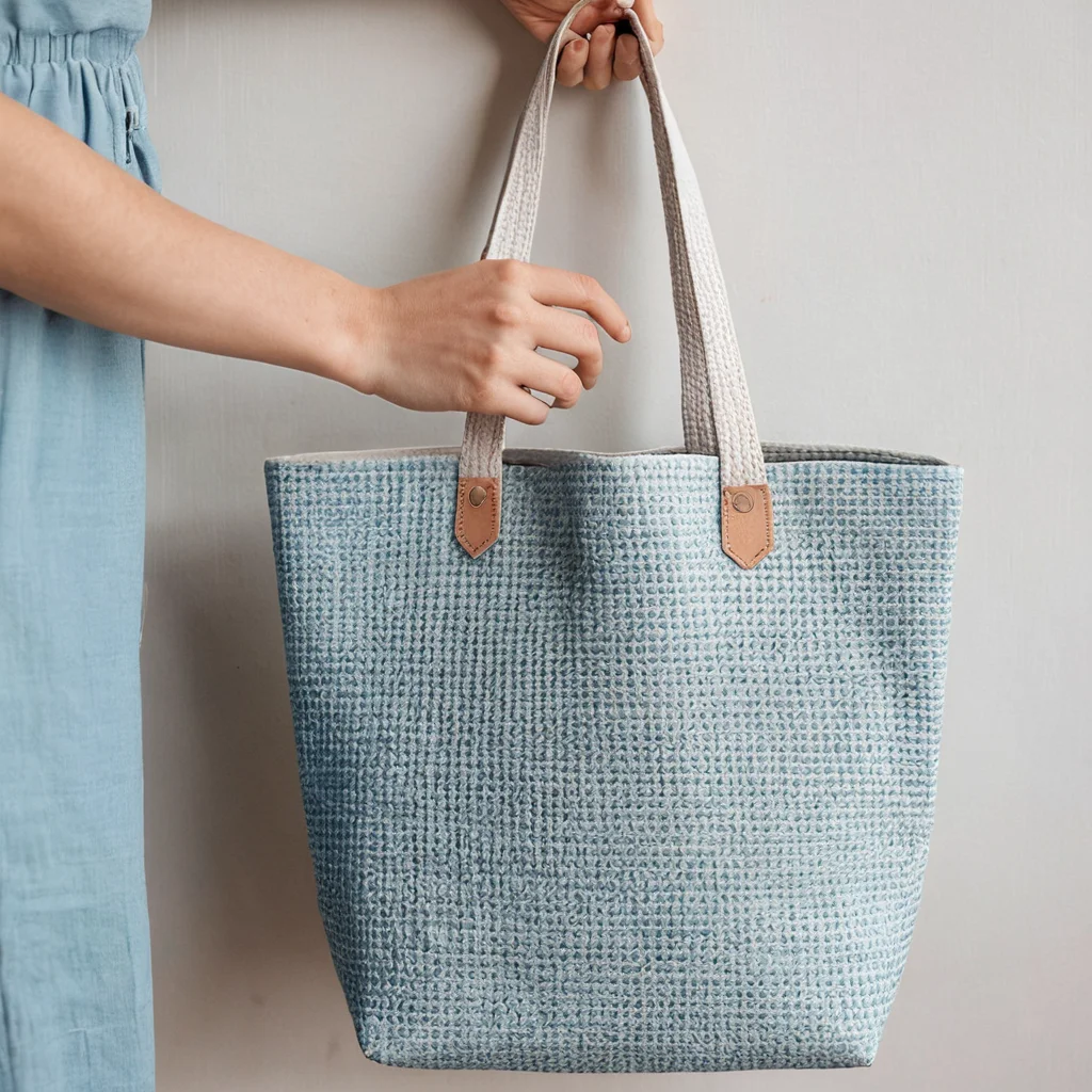 Фотореалистичный крупный план плетеной текстурной хлопковой сумки нежно-голубого цвета, по которой осторожно проводят рукой, на фоне уютного интерьера детской комнаты с тёплым освещением, передающий ощущение комфорта от фактуры и цвета.