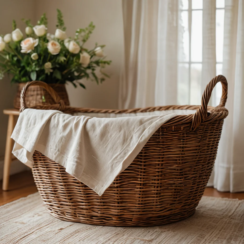 Фотореалистичное изображение старинной льняной корзинки для младенца, передающее ощущение времени и качества, с мягким фокусом и сепия-тонами, символизирующее исторический и эмоциональный путь текстильных изделий для материнства.