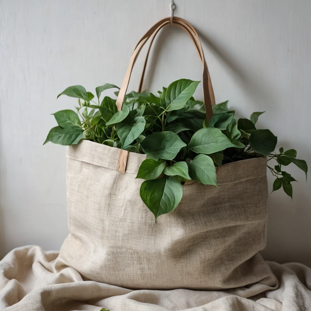 Крупный план натуральной льняной текстильной сумки для роддома, подчеркивающий её мягкую органическую хлопковую текстуру, освещенную мягким солнечным светом на фоне размытых зеленых листьев, передающий атмосферу безмятежности и уюта.