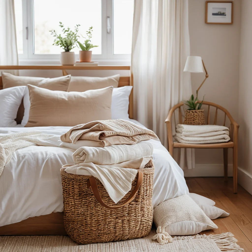 Фотореалистичный вид открытой текстильной сумки, аккуратно уложенной с вещами для роддома: боди из органического хлопка, мягкий вязаный плед, предметы первой необходимости для малыша, с добавлением предметов ручной работы, создающих атмосферу заботы и тепла.