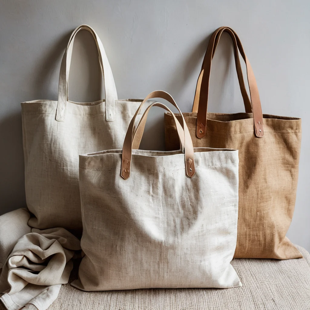 Фотореалистичная раскладка трех минималистичных текстильных сумок для роддома ручной работы из разных натуральных тканей (лен, хлопок, канвас) с мелкими деталями стежков и простыми узорами, освещенных студийным светом.