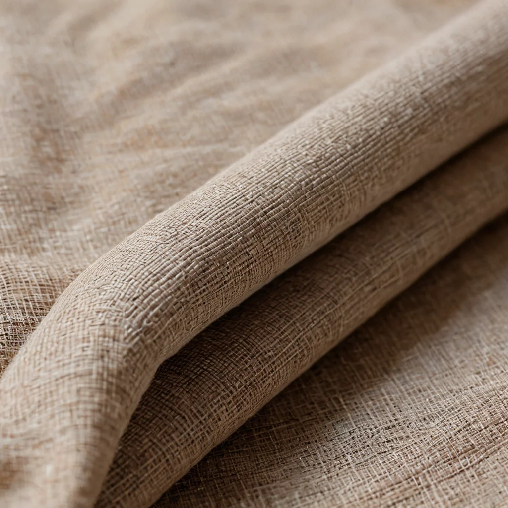 Макросъемка крупным планом образцов натуральных тканей для текстильной сумки в роддом: неотбеленный хлопок, детали пеньковой текстуры и льна, в нейтральных землистых тонах, подчеркивающая безопасность, дышащие свойства и тактильность материалов.