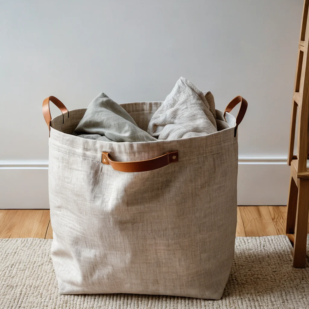 Фотореалистичное изображение стильной льняной текстильной сумки, используемой как универсальная корзина для хранения в современной детской комнате, освещенной мягким естественным светом, с аккуратно сложенной детской одеждой, демонстрирующее долговечность и функциональность.