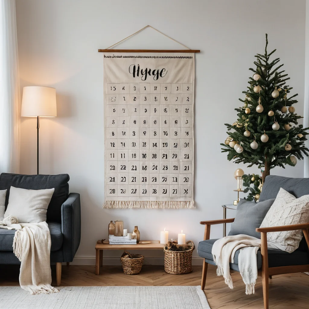 Текстильный адвент-календарь с кармашками элегантно висит на стене в уютном интерьере гостиной, подчеркивая долговечность и гармонию ручной работы. Календарь хорошо вписан в декор, демонстрируя, как уход за текстильным шедевром сохраняет его красоту и место в доме.
