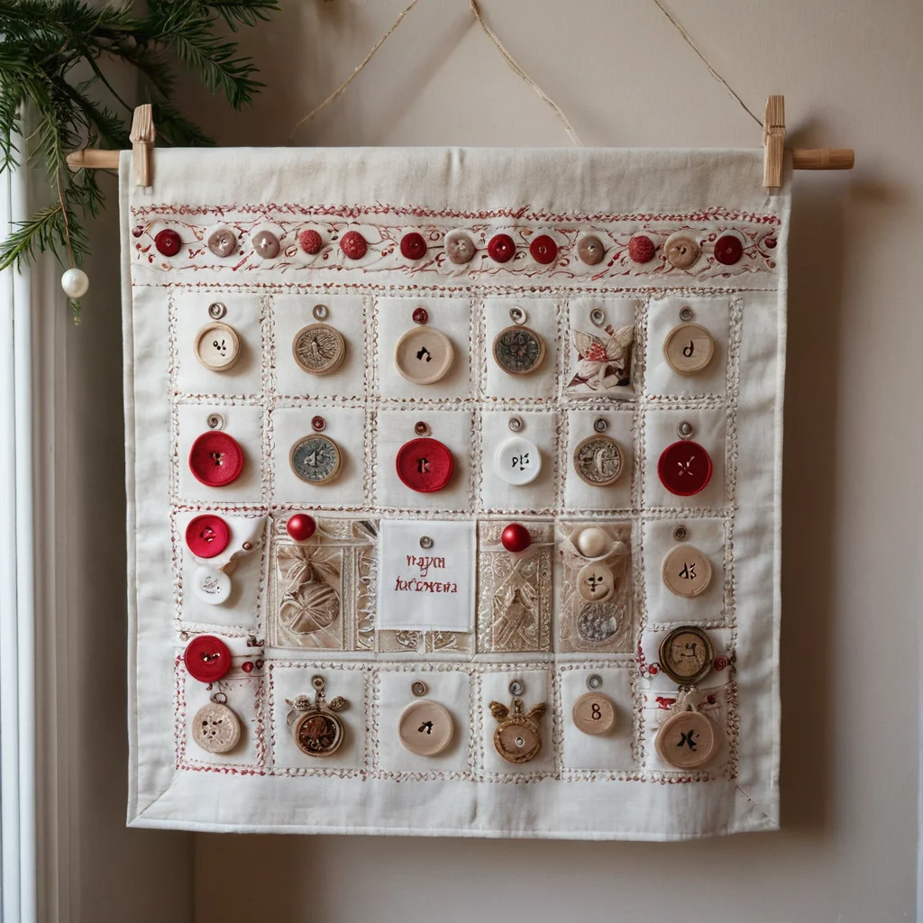Крупный план кармашка текстильного адвент-календаря с изящной вышивкой и декоративными элементами, демонстрирующий душу в деталях и персональные акценты. Видны тонкие нити, мелкие бусины и пуговицы, добавляющие уникальность каждому творению.