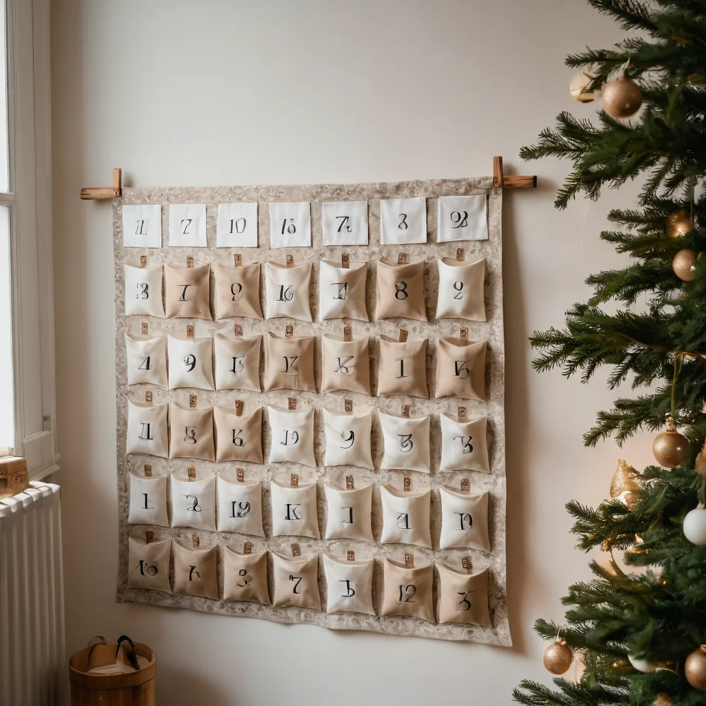 Крупный план текстильного адвент-календаря с кармашками, подвешенного в уютной гостиной, создающего атмосферу магии ожидания праздника. Видны мягкие текстуры ткани, небольшой подарочек, выглядывающий из одного кармашка, и теплый свет свечи на размытом фоне.