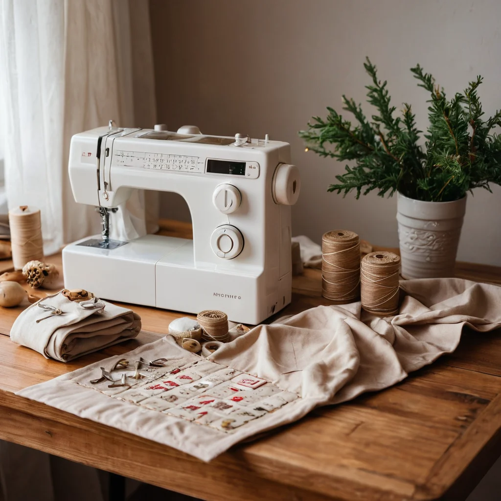 Сцена из уютной мастерской с швейной машинкой, разложенными деталями ткани и инструментами, демонстрирующая пошаговое руководство по созданию текстильного адвент-календаря своими руками. На переднем плане — частично сшитый календарь, подчеркивающий процесс рождения чуда.