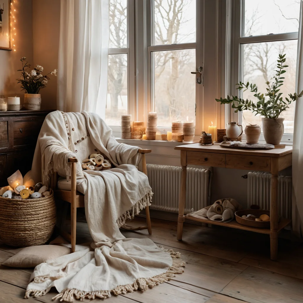 Изображение демонстрирует разнообразные натуральные ткани — лен, хлопок, шерсть — и фурнитуру для создания текстильного адвент-календаря, разложенные на деревянном столе. Видны красивые фактуры материалов, винтажные пуговицы, атласные ленты и нитки, подчеркивающие путь от волокна до волшебства.