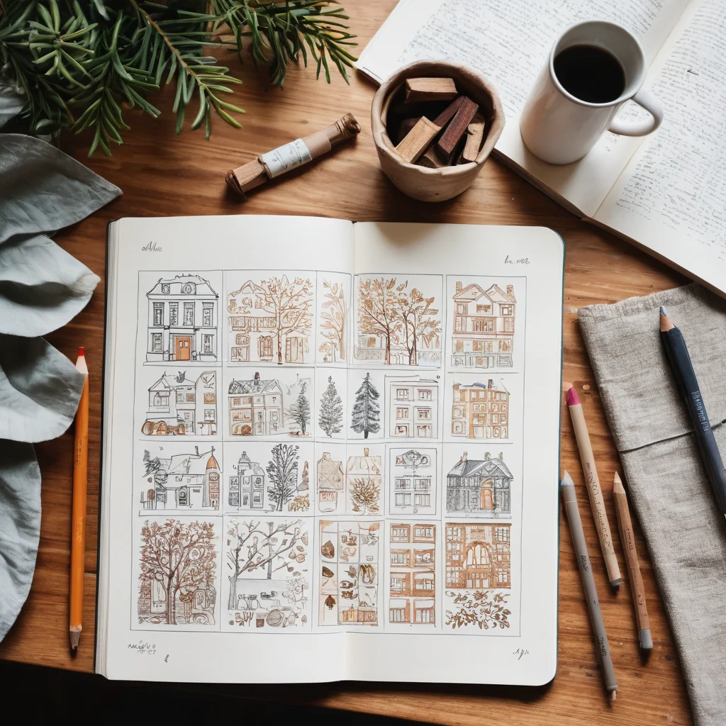 Рабочий стол с открытым скетчбуком, показывающим эскизы уникального дизайна текстильного адвент-календаря, рядом разложены образцы тканей и палитра цветов. Изображение передает путь от идеи до эскиза, демонстрируя творческий процесс выбора цветовой палитры и концепции.