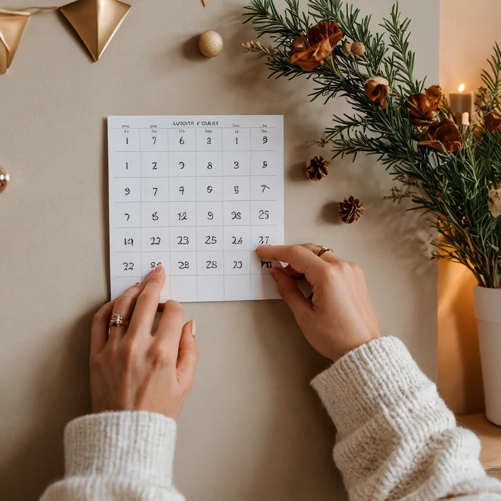 Рука аккуратно помещает небольшой осознанный подарок — например, сувенир ручной работы или вдохновляющую записку — в кармашек текстильного адвент-календаря. Изображение передает идеи наполнения кармашков для радости и вдохновения, акцентируя внимание на секретах, скрытых внутри.