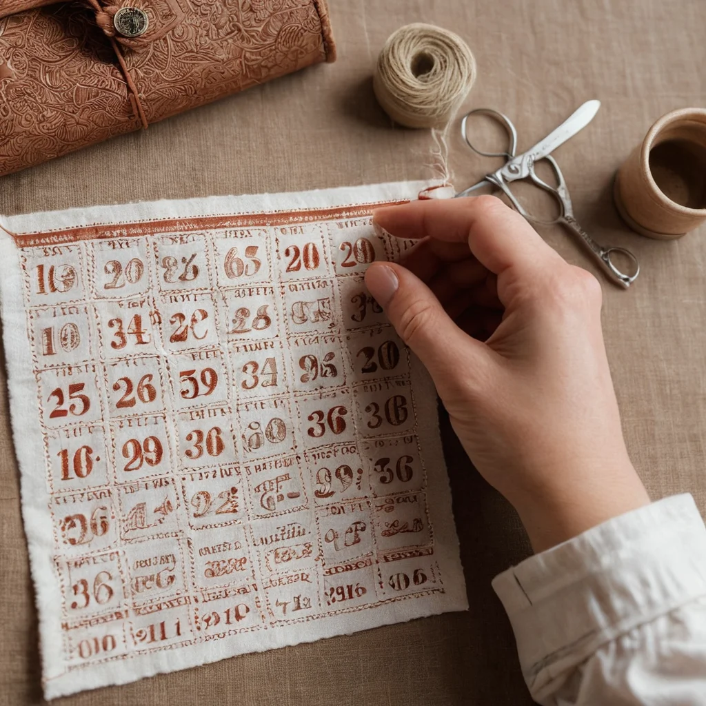 Крупный план рук мастера, аккуратно сшивающих детали текстильного адвент-календаря, демонстрирующий эмоциональную ценность ручной работы и вплетенные традиции. Видны тонкие стежки, натуральные нити и уютная атмосфера творческой мастерской.