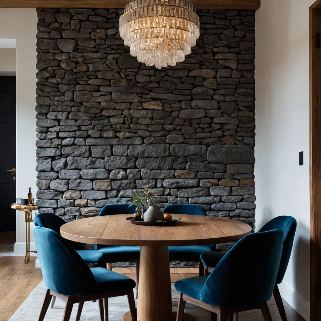Деталь интерьера столовой, демонстрирующая контраст текстур: стол из темного дуба, грубая каменная стена и бархатное кресло, подчеркивающие глубину темных тонов.
