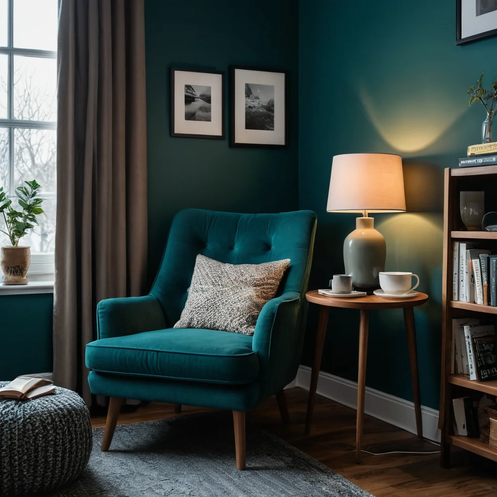 Маленький уютный уголок для чтения с темно-бирюзовыми стенами, компактным креслом и теплой лампой, создающий иллюзию большего пространства и интимное убежище.