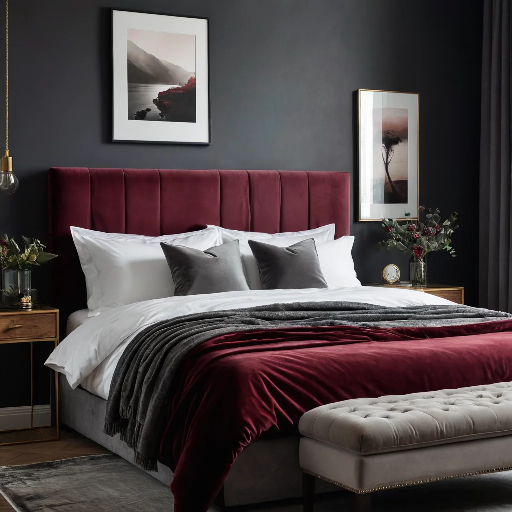 Спальня в глубокой цветовой палитре с графитово-серыми стенами и акцентами глубокого бордового цвета, с бархатным изголовьем кровати, создающая атмосферу уюта и роскоши.