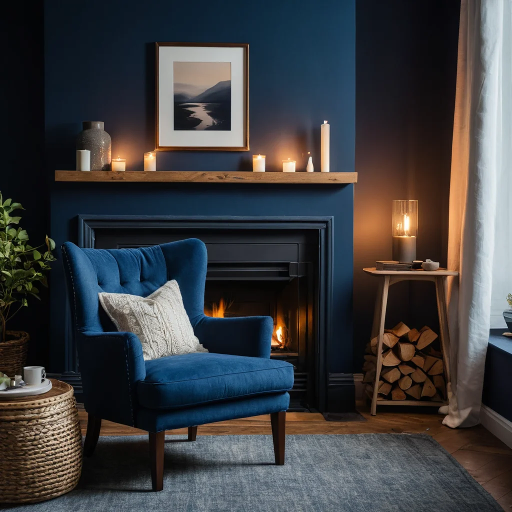 Уютная гостиная с глубокими индиговыми стенами, освещенная мягким светом камина, где в плюшевом кресле создается камерная атмосфера, отражающая психологический комфорт темных интерьеров.