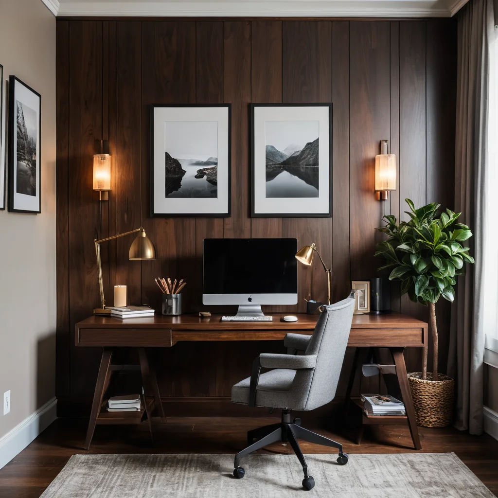 Современный домашний офис с отделкой из темного ореха, изысканной столешницей и настольной лампой, создающий спокойное и сфокусированное рабочее пространство.