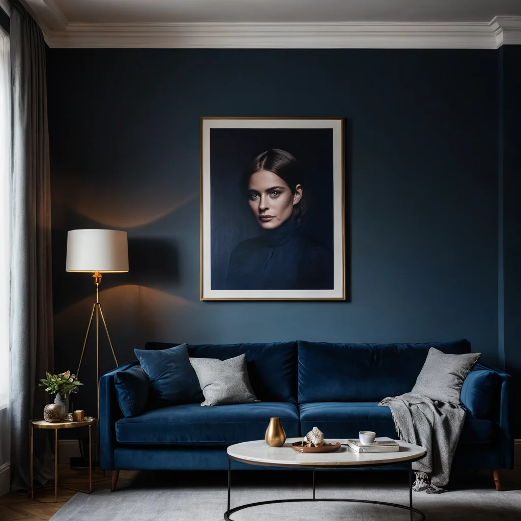 Уголок гостиной с драматическим контрастным освещением (кьяроскуро), где глубокий синий диван и подсвеченное произведение искусства создают объем и подчеркивают настроение.