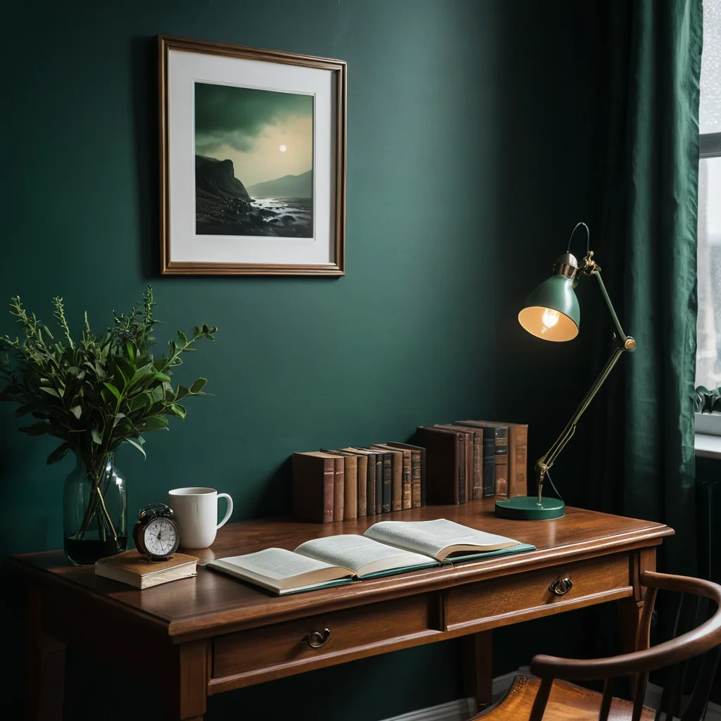 Атмосферный кабинет с темно-изумрудными стенами и роскошным деревянным столом, освещенный приглушенным светом, создающий ощущение глубины и способствующий сосредоточенности и вдохновению.