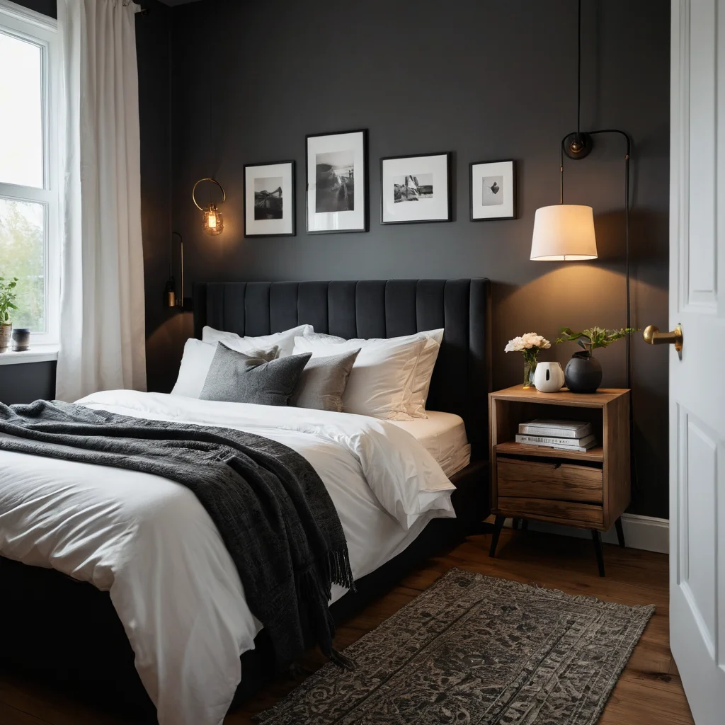 Личное убежище в виде спальни с угольными стенами, личными предметами и мягким многослойным освещением, создающее ощущение безопасности, глубокого расслабления и приватности.