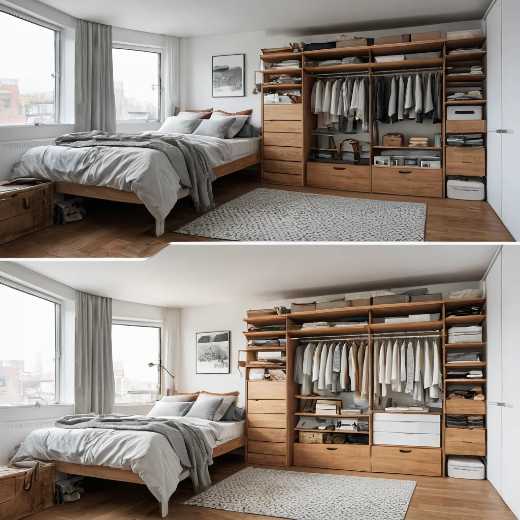 Фотореалистичное изображение загроможденной спальни в маленькой квартире, демонстрирующее беспорядок, переполненные шкафы и неиспользуемое пространство, чтобы проиллюстрировать проблему 'пожирателей' пространства в тесных квартирах.