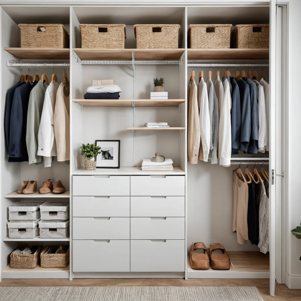 Фотореалистичное изображение идеально организованного шкафа в маленькой квартире: с бирками, коробками и разделителями, демонстрирующее чек-лист для создания идеальной системы хранения, ключ к комфортной жизни в ограниченном пространстве.