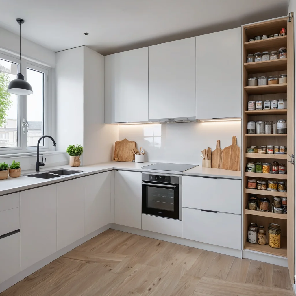 Фотореалистичный интерьер эргономичной кухни в небольшой квартире, акцентирующий внимание на функциональных системах хранения, оптимизации рабочего процесса и компактных решениях для эффективного использования пространства.