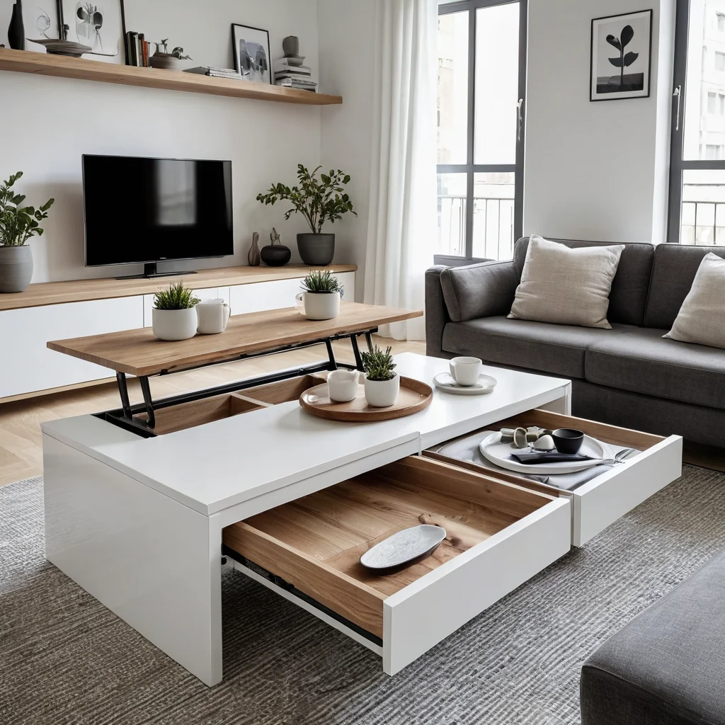 Фотореалистичная демонстрация многофункциональной мебели в маленькой квартире: журнальный столик, трансформирующийся в обеденный, с интегрированными системами хранения, воплощающий идею умного использования пространства.