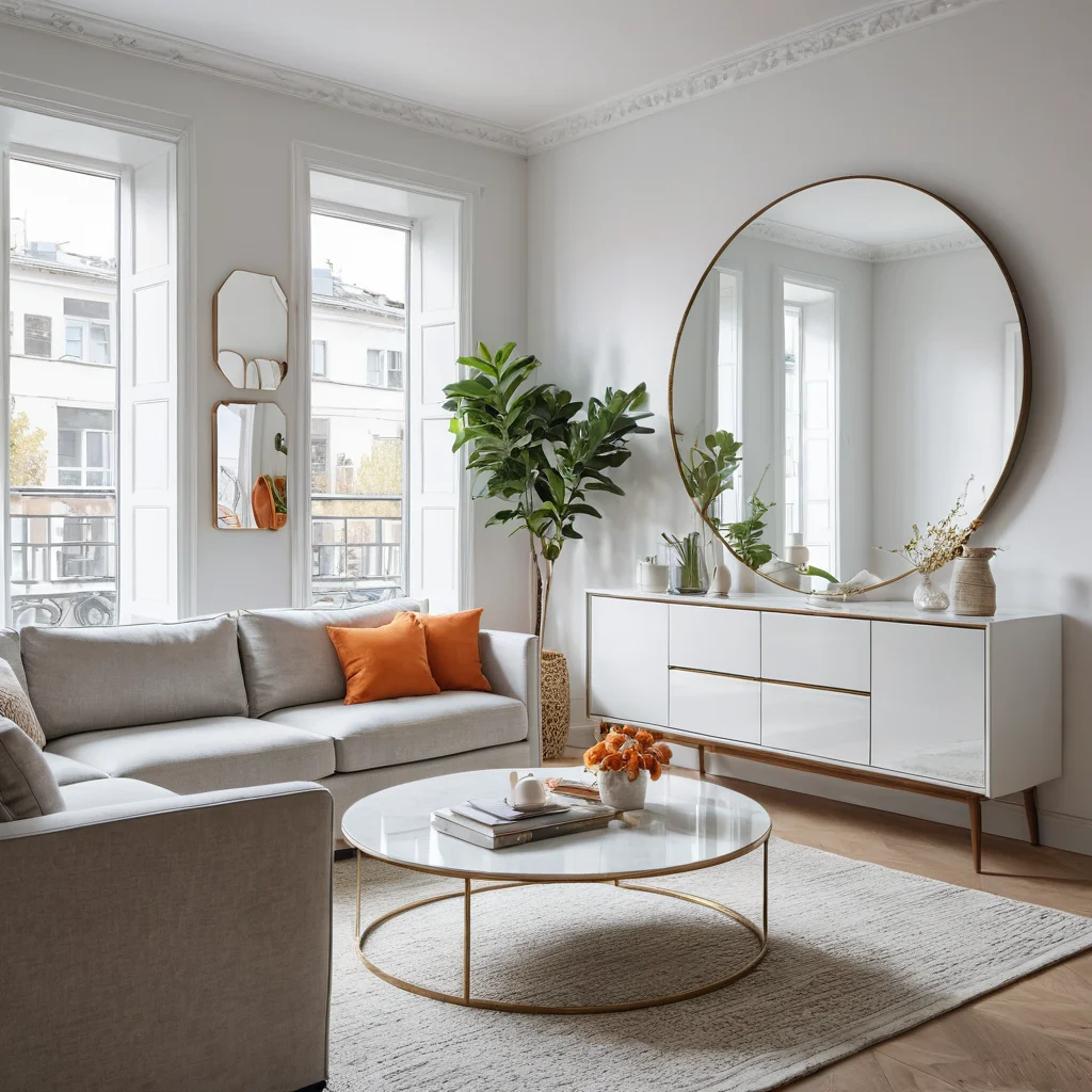 Фотореалистичное изображение гостиной в маленькой квартире, использующей оптические иллюзии: зеркала, светлые цвета и минималистичная мебель для визуального расширения пространства, показывая, как 'спрятать' вещи и сделать комнату просторнее.