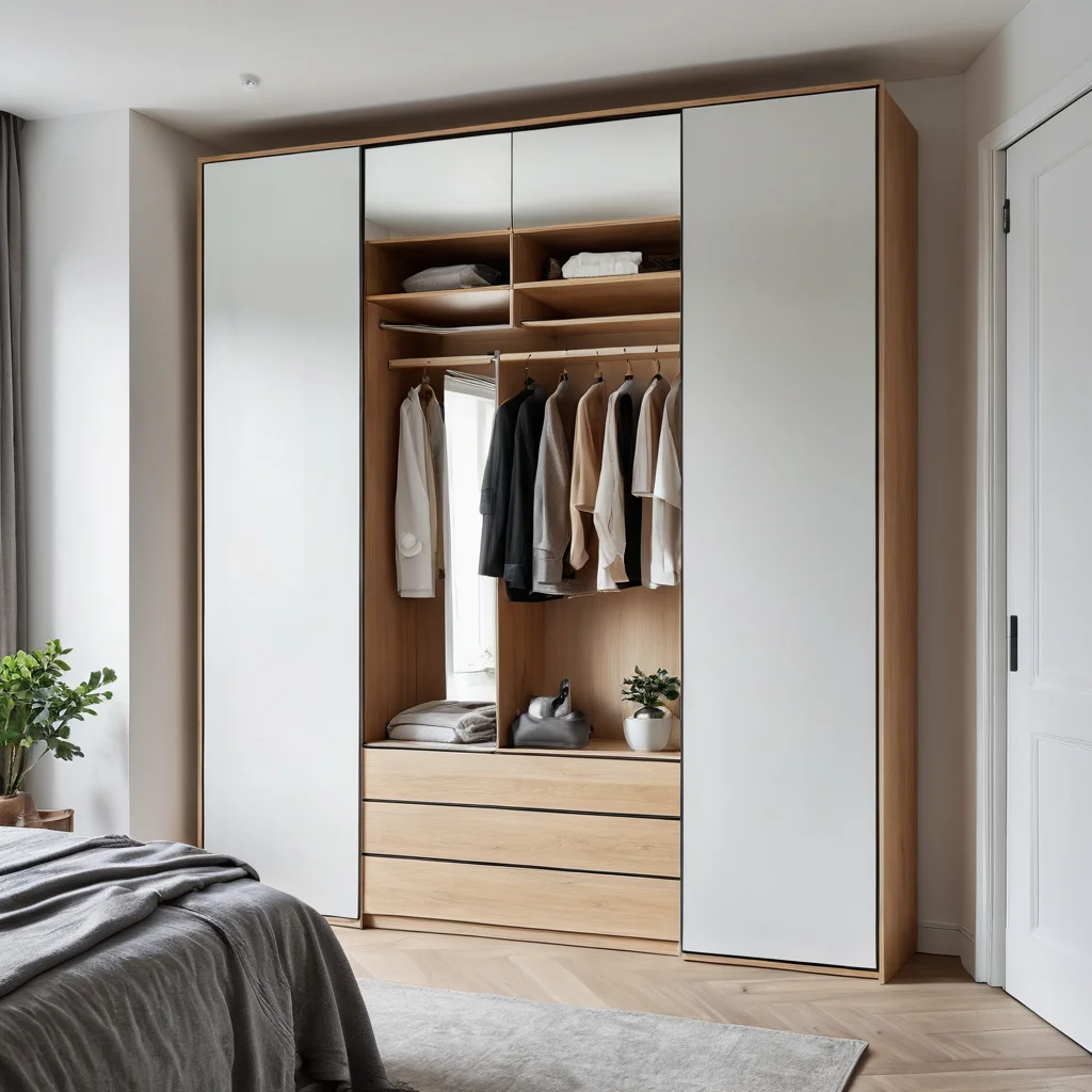 Фотореалистичное изображение скрытой встроенной гардеробной за зеркалом в спальне маленькой квартиры, демонстрирующее умные и неочевидные решения для хранения, помогающие сохранить визуальную чистоту и увеличить пространство.